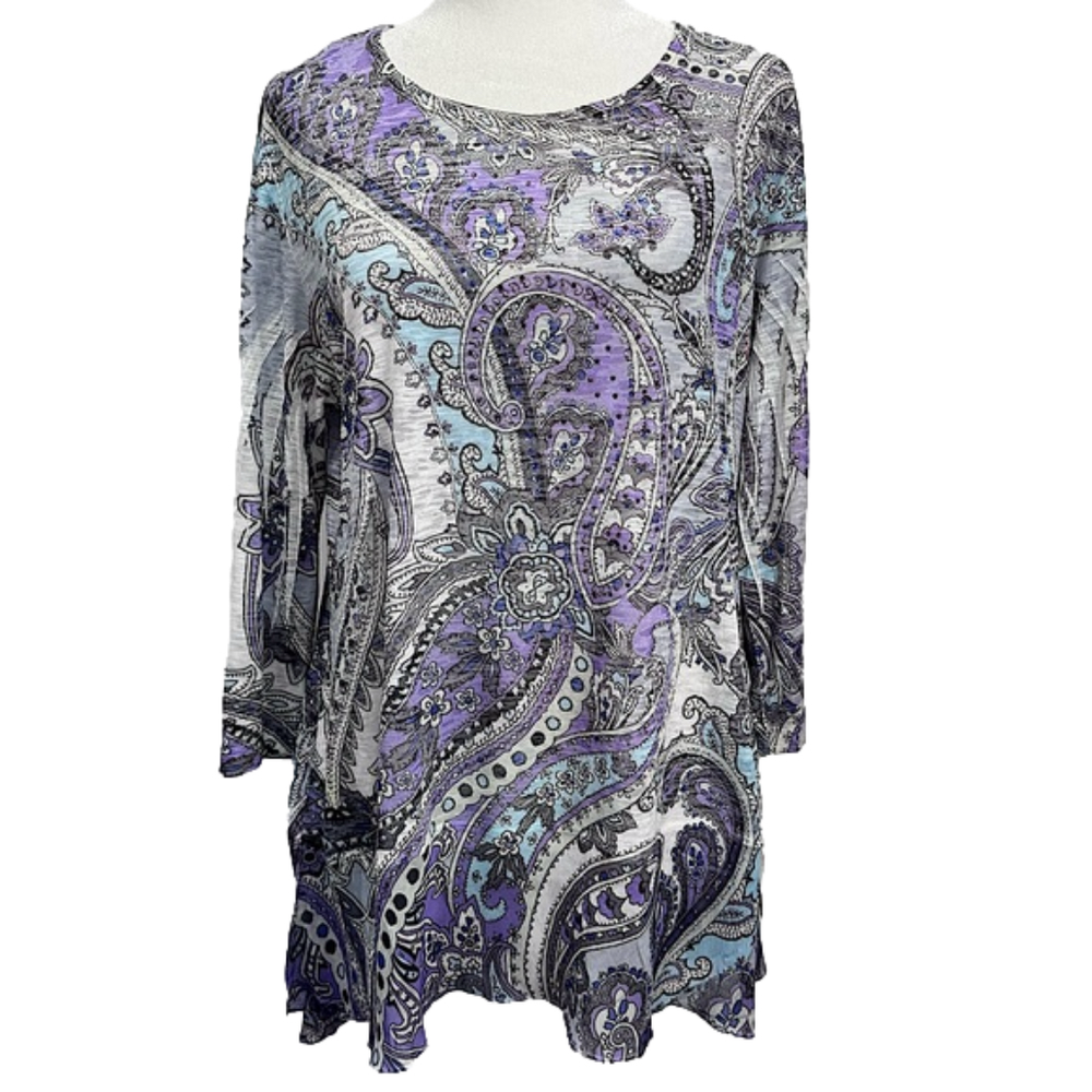 Jess & Jane Paisley Purple Blue Black White Tunic with Rhinestones NEW